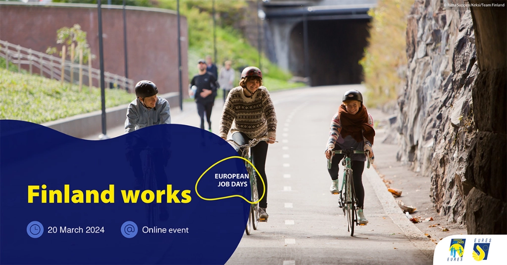 Finland Works advertisement with people bicycling
