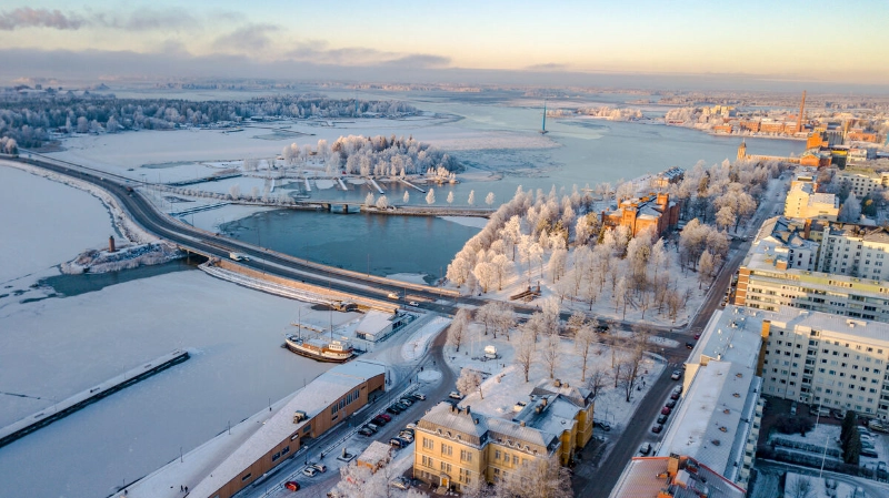 An aerial view of a snow-covered Finnish city. - Visit Vaasa